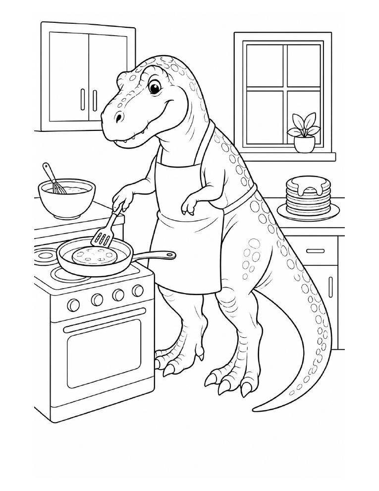 Preview of the T. rex Pancake Morning coloring page, showing Rex flipping pancakes in a kitchen