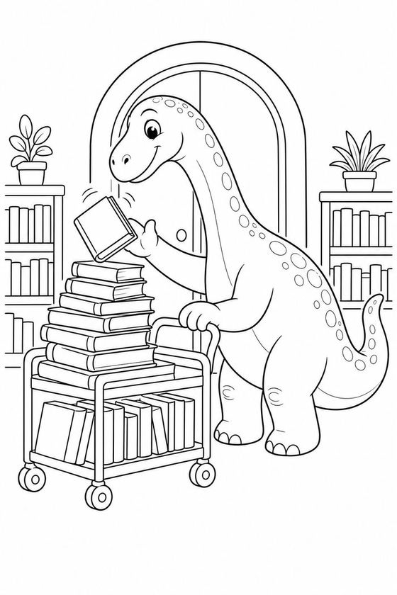 Bruno the long-necked dinosaur shelving books from a library cart