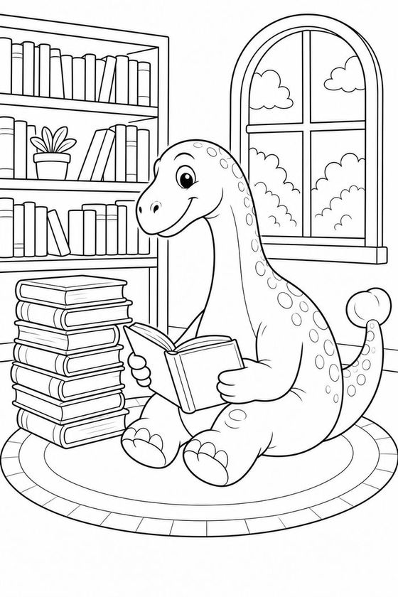 Bruno the long-necked dinosaur sitting on a rug reading, beside a tall stack of books