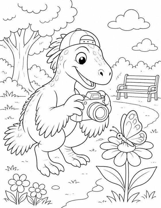 Dash the raptor holding a camera, photographing a butterfly on a flower in the park
