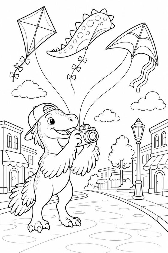 Dash the raptor with a camera on a town street while three kites fly overhead