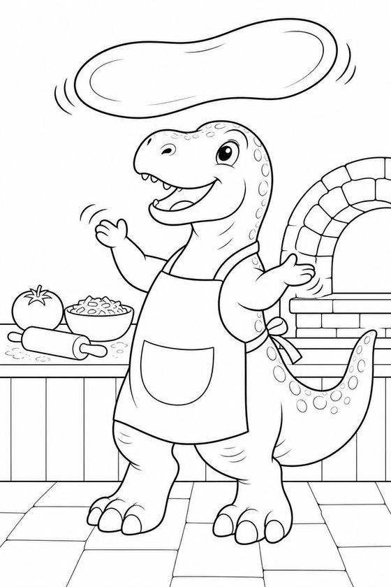Rex the T. rex in an apron, tossing a large disc of pizza dough in a kitchen