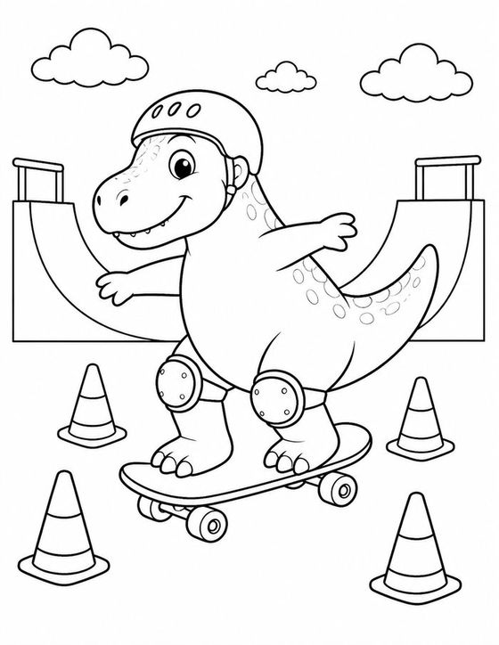 Rex the T. rex in a helmet, riding a skateboard between traffic cones
