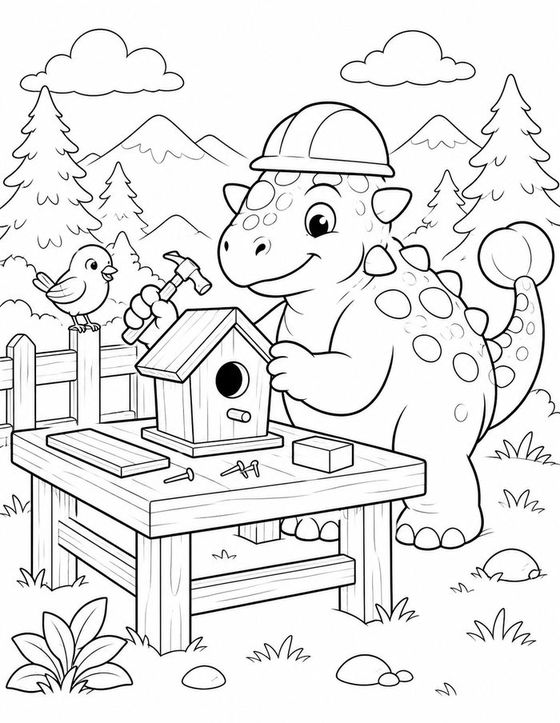 Rocky in a hard hat building a birdhouse at a workbench while a bird watches