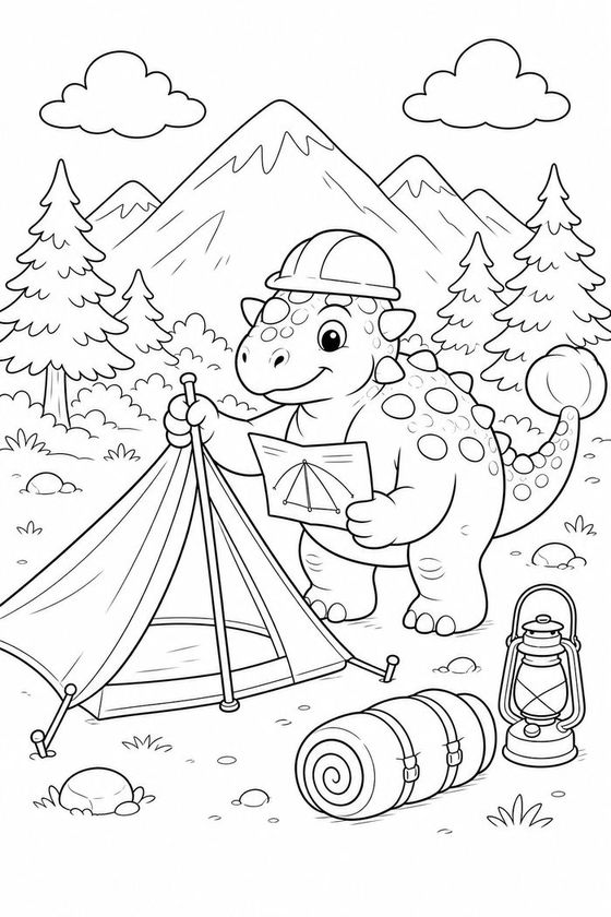 Rocky in a hard hat reading a map beside a pitched tent, lantern and bedroll, with mountains behind