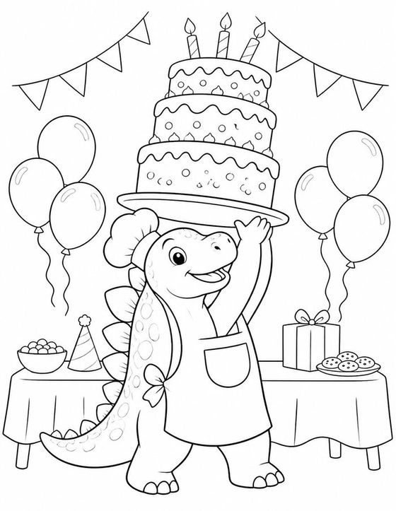 Spike the stegosaurus balancing a tall tiered birthday cake on his back, with balloons and bunting