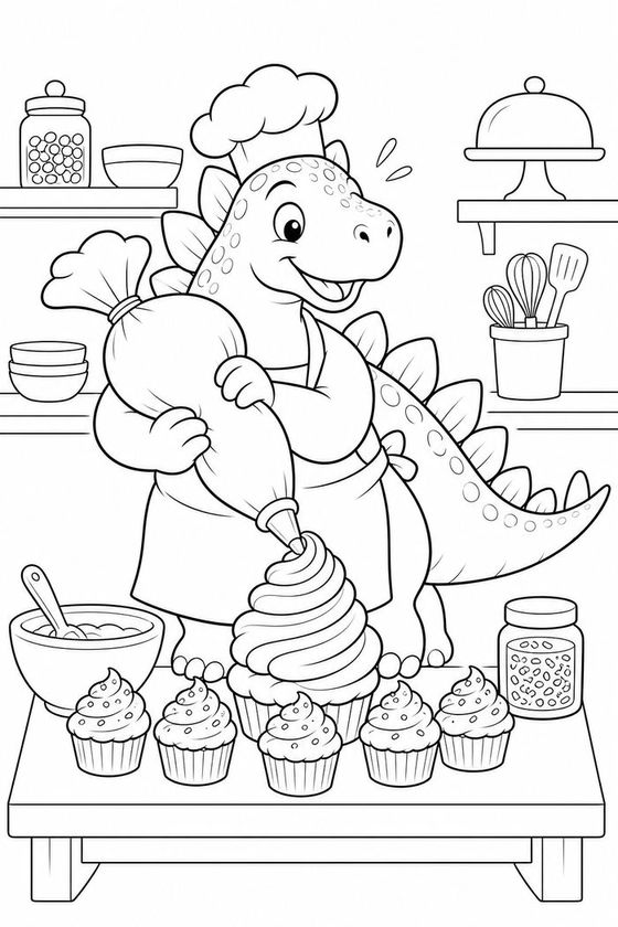 Spike the stegosaurus in a chef's hat piping frosting onto a tray of cupcakes