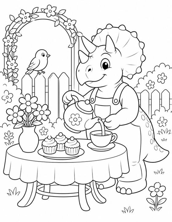 Trixie the triceratops pouring tea at a garden table set with cupcakes, under a flowered arch