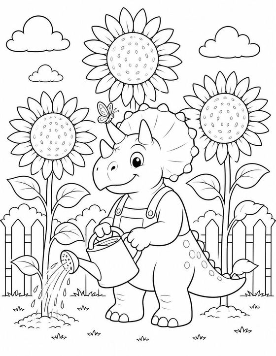 Trixie the triceratops watering tall sunflowers with a watering can
